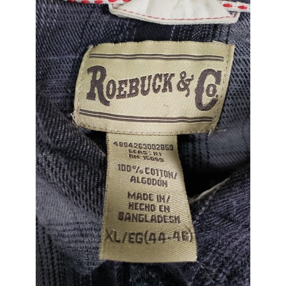 Roebuck Shirt Mens XL Cowboy Western Plaid Point‎ Pocket Button Gray Pearl Snap - Picture 5 of 12
